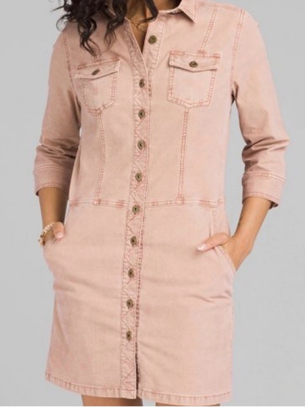 PrAna Dusty Pink Button-Front Corduroy Gorpcore Western Casual Shirt Dress Sz S